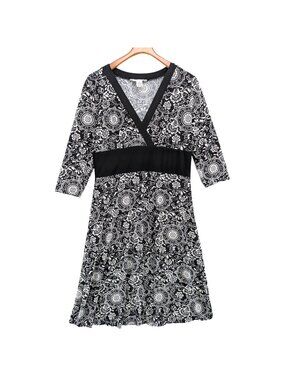 AA Studio Midi Dress Black White Floral 3/4 Sleeve Jersey Faux Wrap Size 18